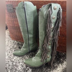 Fringe Knee-High Green Boots